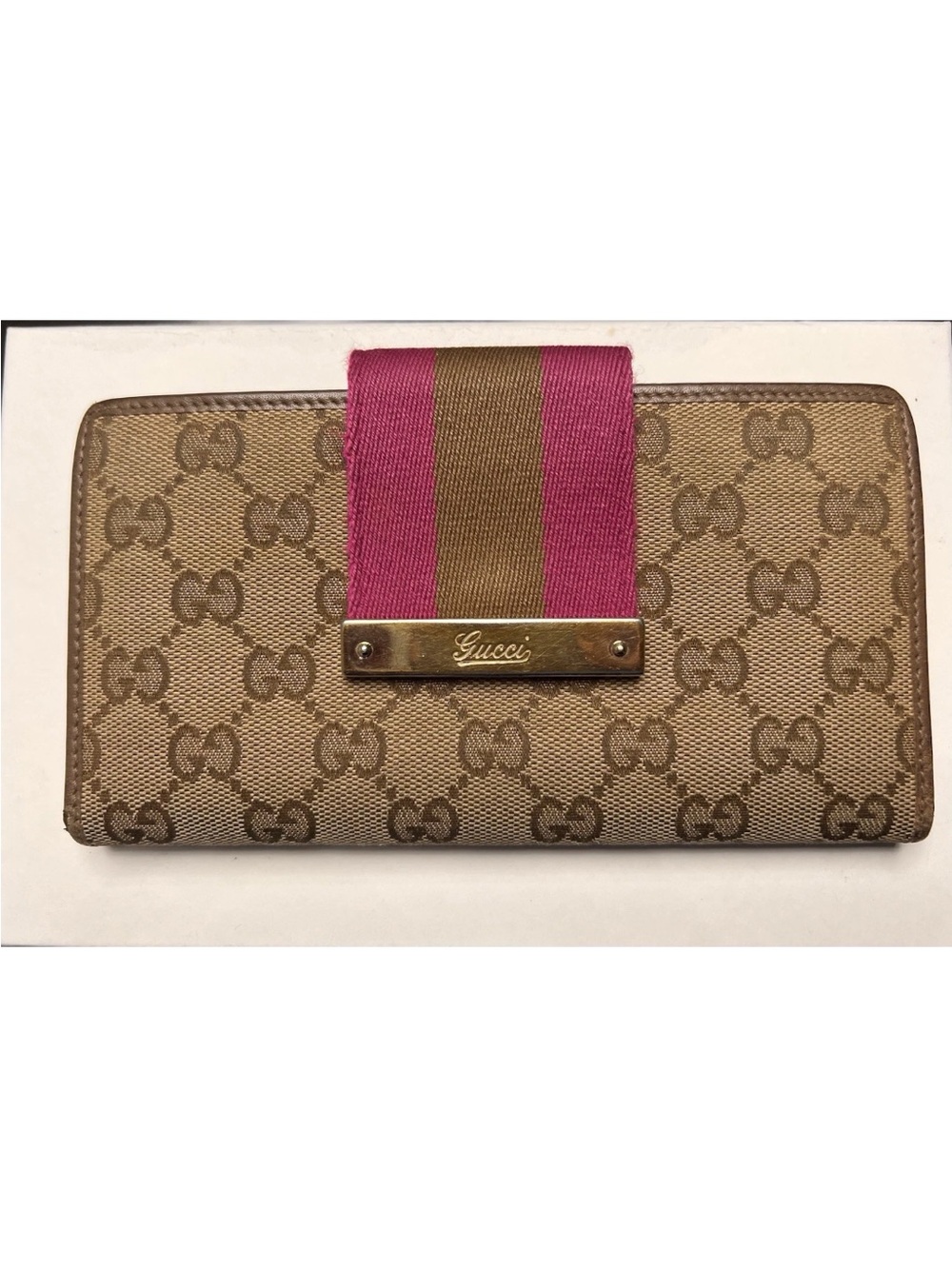 Authentic Gucci GG Canvas Web Stripe Continental Wallet Beige Pink w/Entrupy COA